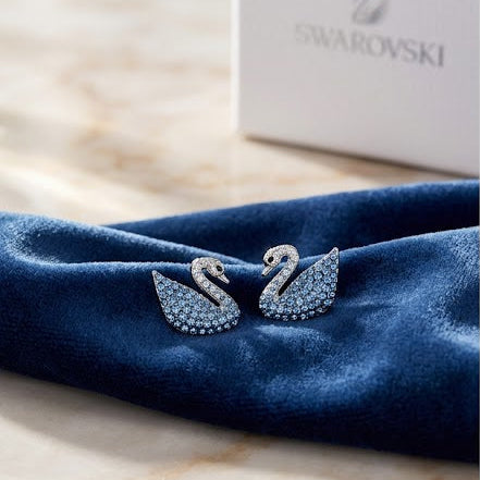 Swarovski Iconic Swan Blue Crystal Earrings 5512577 Rhodium Plated