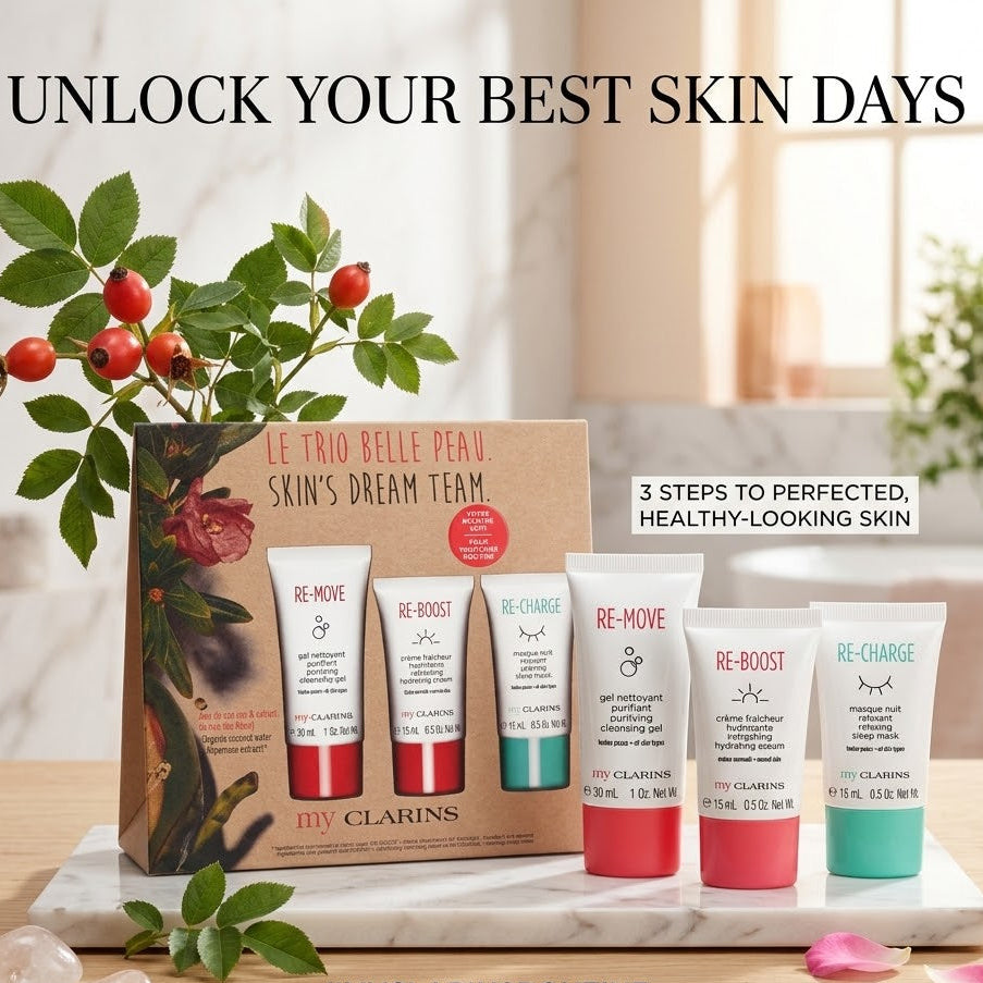 Clarins My Clarins Skin Dream Team Skincare Gift Set containing travel-sized essentials.