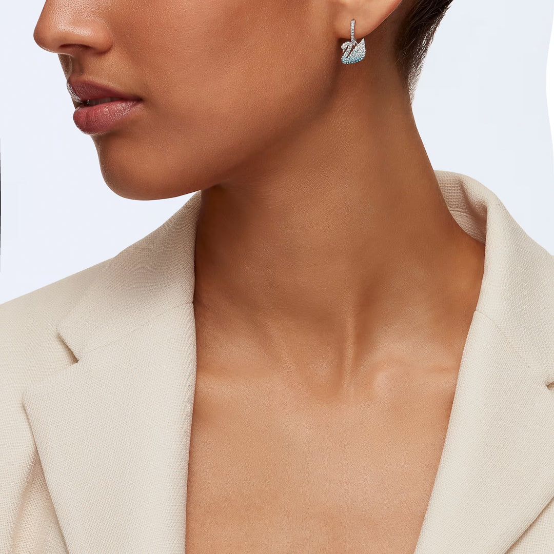 Swarovski Iconic Swan Blue Crystal Earrings 5512577 Rhodium Plated