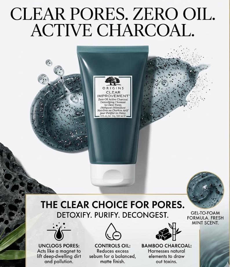 Origins Clear Improvement™ Zero Oil Active Charcoal Detoxifying Cleanser. 30ml & 150ml
