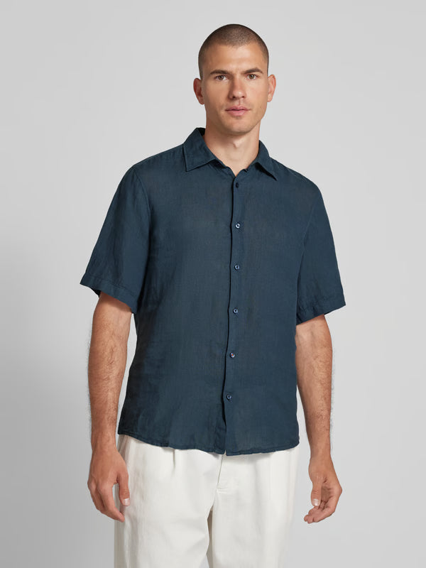 BOSS Orange Regular fit linen shirt with 1/2 sleeves, model 'Rash' in dark blue