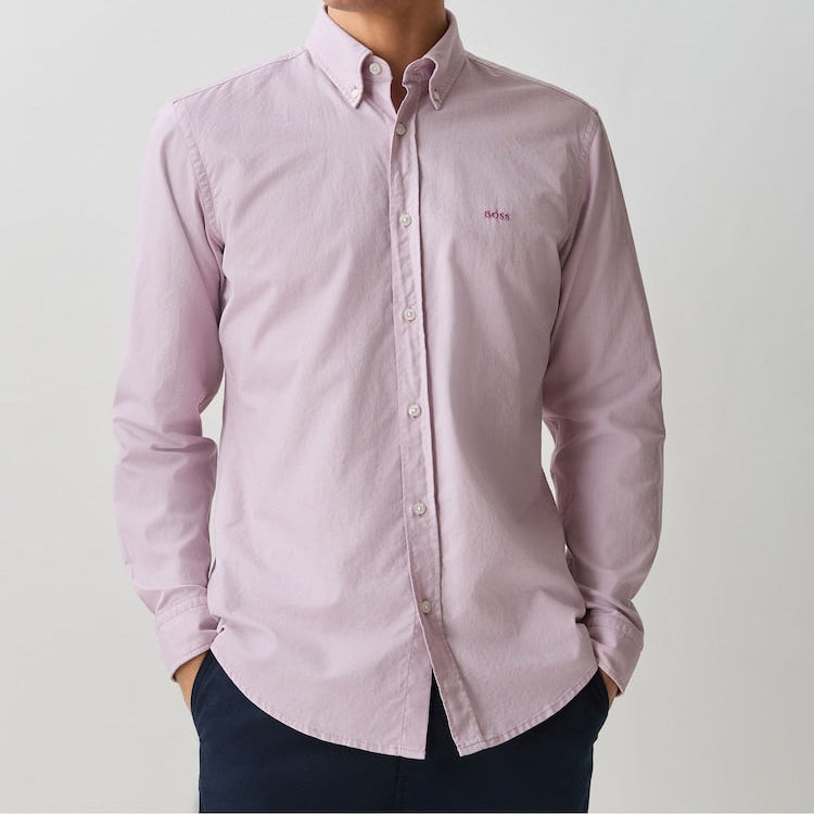 BOSS Light Pink Regular Fit Cotton Long Sleeve Oxford Shirt