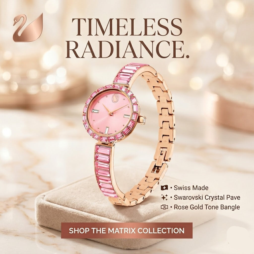 Swarovski Matrix Stainless Steel Swiss Bangle Watch with Crystals for Women, Rose Gold