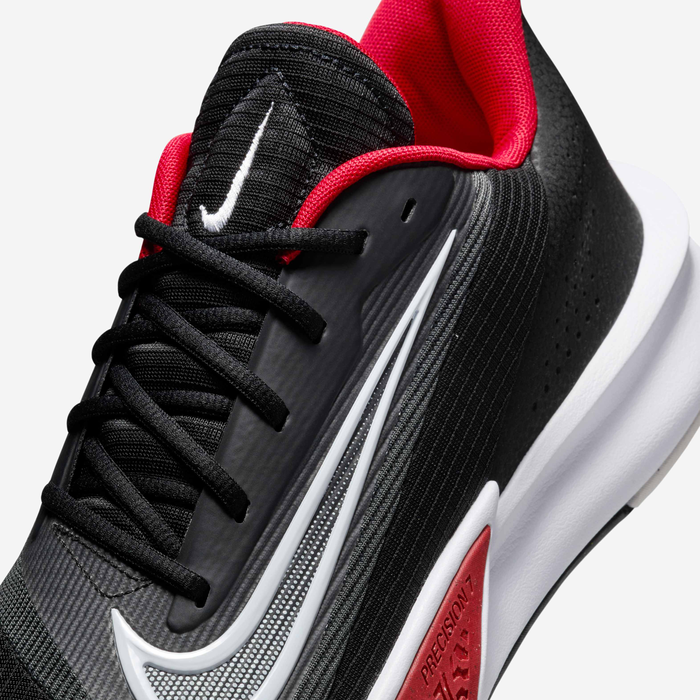 Nike Precision 7 basketball shoes Unisex in black and university red.