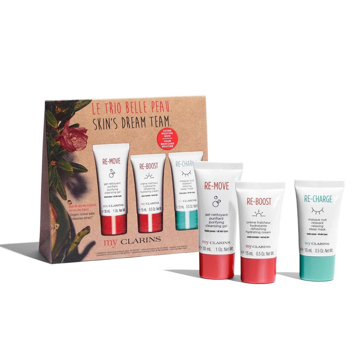 Clarins My Clarins Skin Dream Team Skincare Gift Set containing travel-sized essentials.