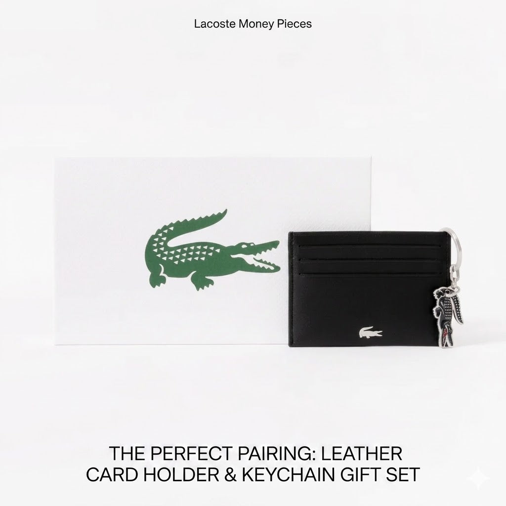 Lacoste Money Pieces black leather card holder set featuring an enameled crocodile keychain