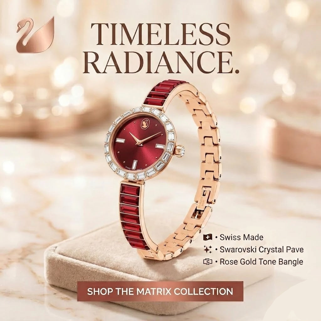 SWAROVSKI Matrix Bangle watch Swiss Made, Crystal bracelet, Red, Rose gold-tone finish