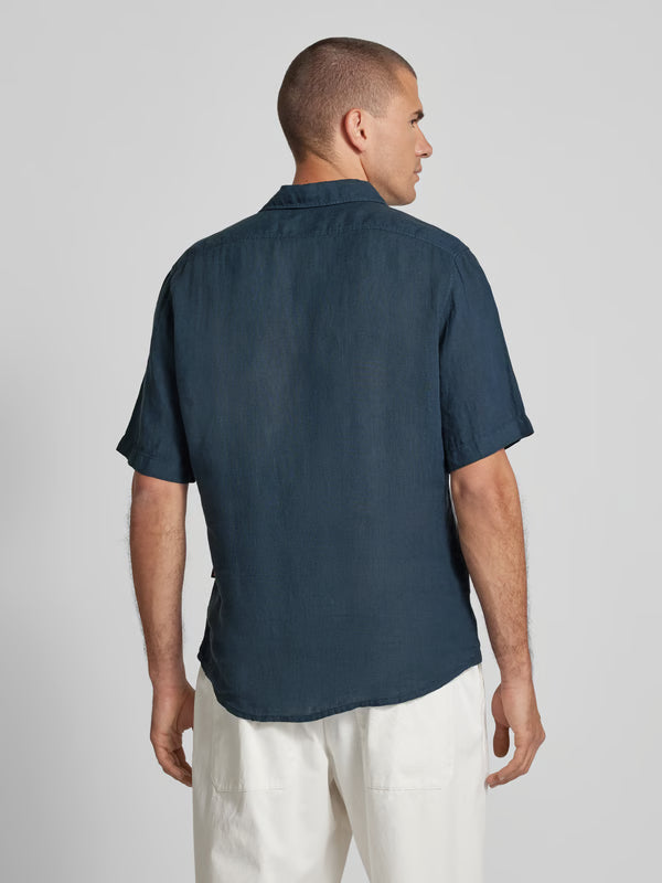 BOSS Orange Regular fit linen shirt with 1/2 sleeves, model 'Rash' in dark blue