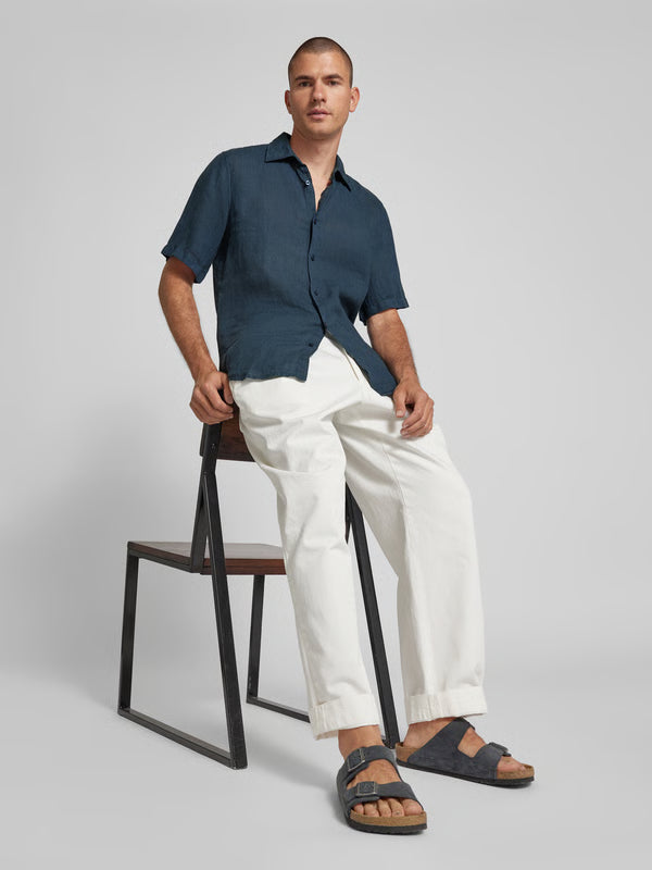 BOSS Orange Regular fit linen shirt with 1/2 sleeves, model 'Rash' in dark blue