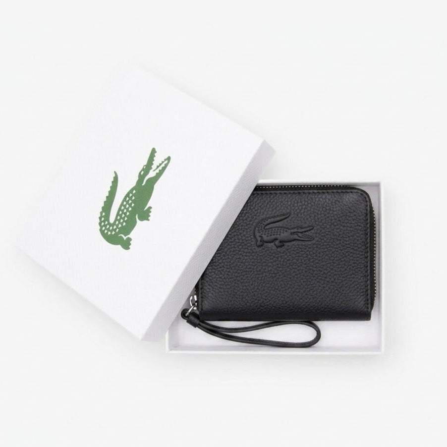 Lacoste zipped wallet with a matching tonal crocodile black, textured leather