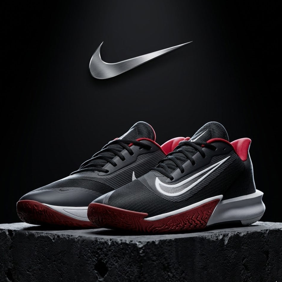 Nike Precision 7 basketball shoes Unisex in black and university red.