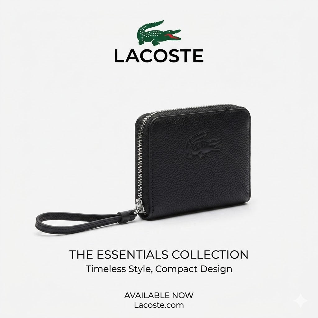 Lacoste zipped wallet with a matching tonal crocodile black, textured leather