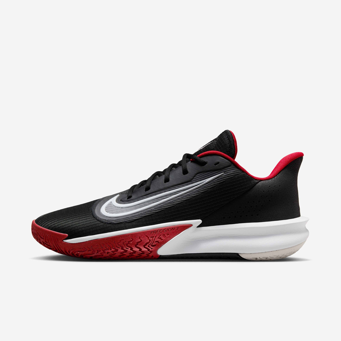 Nike Precision 7 basketball shoes Unisex in black and university red.