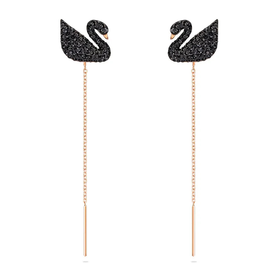 Swarovski Iconic Swan Drop Earrings, Swan, Black, Rose Gold-Tone Plated.