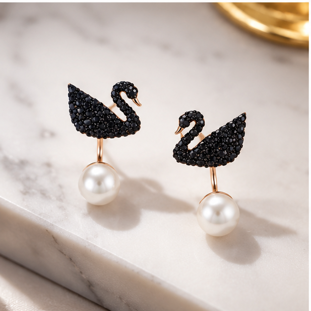 Swarovski Iconic Swan Earring Jackets 5193949  Rose Gold & Black Crystal