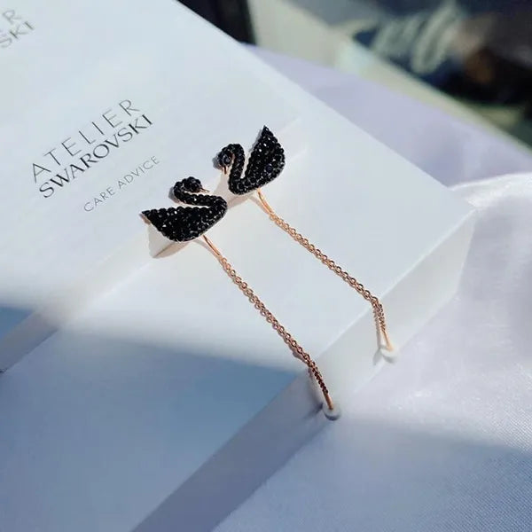 Swarovski Iconic Swan Drop Earrings, Swan, Black, Rose Gold-Tone Plated.